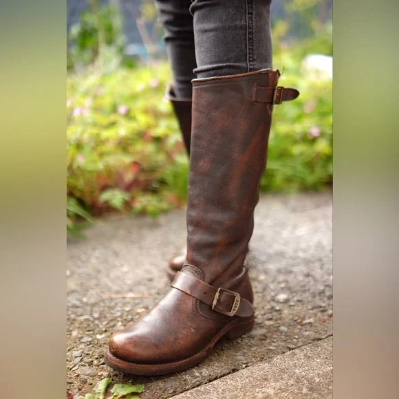 $399 Frye Veronica Slouch Tan Distressed Leather Engineer Moto Tall Buckle Boot - Picture 3 of 16